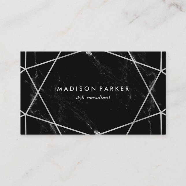 Modernes silbernes geometrisches auf schwarzem visitenkarte (Vorderseite)