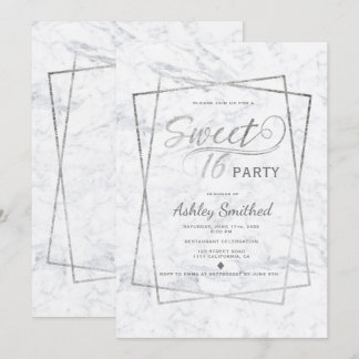 Modernes silbernes typografisches Marmor Sweet 16 Einladung