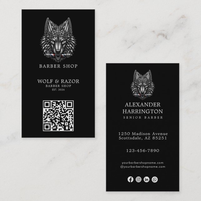 Modernes Silberwolf-Friseursalon-Logo Qr Code Visitenkarte (Vorne/Hinten)