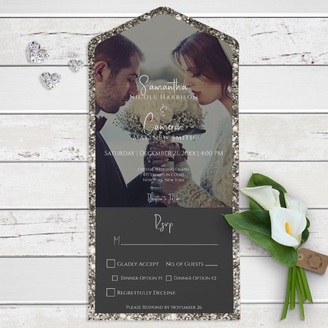 Modernes Silver Glitzer Foto Dinner All In One Einladung (Von Creator hochgeladen)