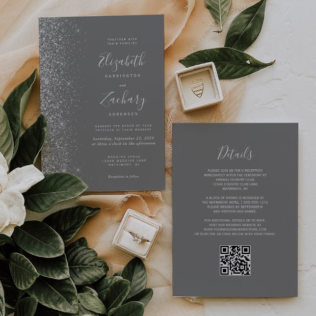 Modernes Silver Glitzer Gray QR Code Hochzeit Einladung (Von Creator hochgeladen)