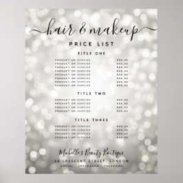 Modernes Silver Glitzer Lights Salon Price Menü Poster