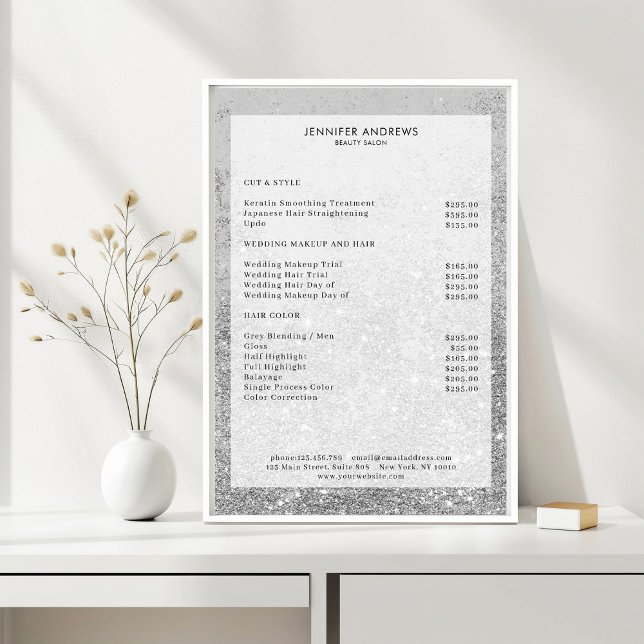 Modernes Silver Glitzer Salon Price List Poster (Von Creator hochgeladen)