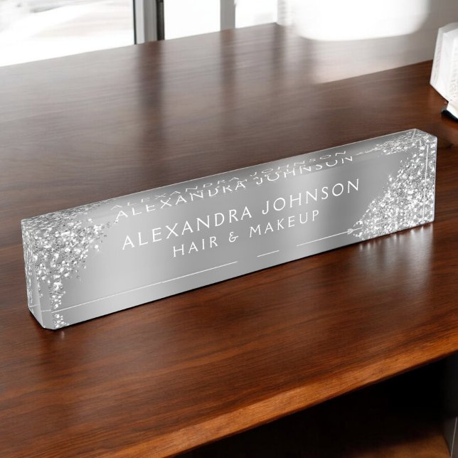 Modernes Silver Glitzer Sparkle Haar Makeup Namensplakette (Von Creator hochgeladen)