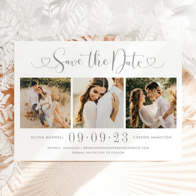 Modernes Silver Heart Script 3 Foto Wedding Collag Save The Date (Von Creator hochgeladen)