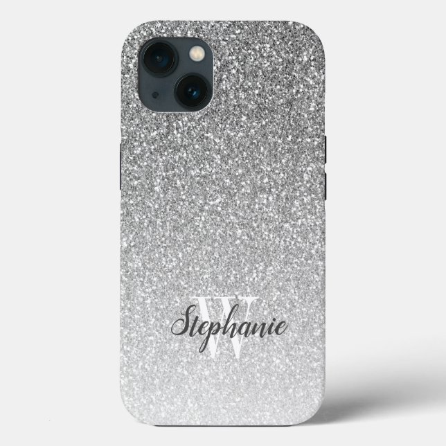 Modernes Silver Ombre Imitats Glitzer Monogram Case-Mate iPhone Hülle (Rückseite)