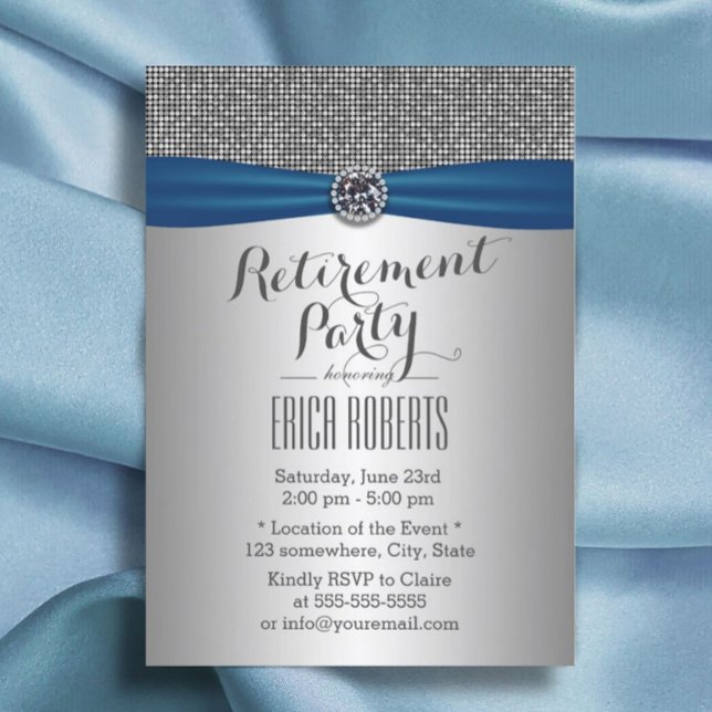Modernes Silver Royal Blue Ribbon Retirement Party Einladung (Von Creator hochgeladen)