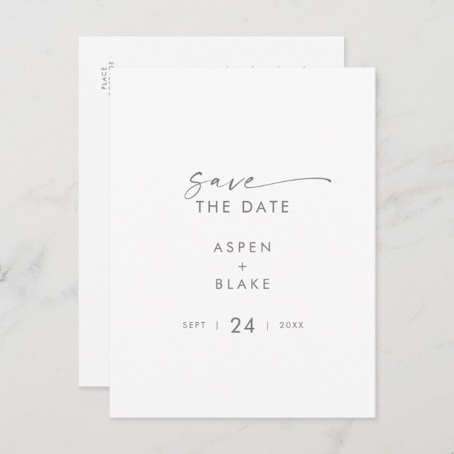 Modernes Silver Script Save the Date Einladungspostkarte (Vorne/Hinten)
