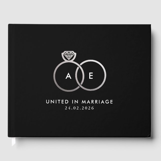 Modernes Silver Wedding Rings Monogram Gästebuch (Vorderseite)