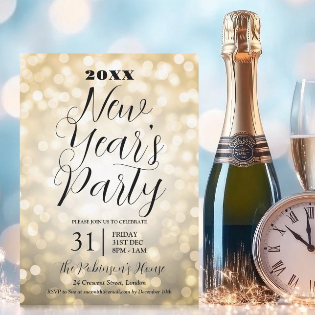 MODERNES Silvester Party Gold Bokeh Lights Einladung (MODERN New Years Eve Party Gold Bokeh Lights Invitation)