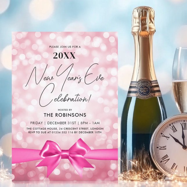 MODERNES Silvester Party Rosa Bokeh Bow Einladung (MODERN New Years Eve Party Blush Pink Bokeh Bow Invitation)