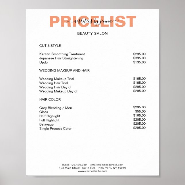 Modernes Simpel Preislisten Poster (Vorne)