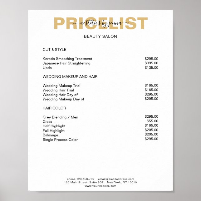 Modernes Simpel Preislisten Poster (Vorne)