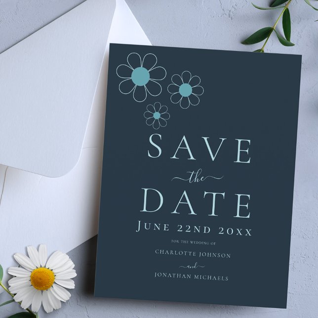Modernes Simple Blue Daisy Wedding Einladungspostkarte (Minimalist daisy stylish navy blue wedding save the date invitation )