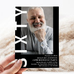 Modernes SIXTY Foto 60. Geburtstagsparty Einladung<br><div class="desc">Moderne 60. Geburtstagsfeier Einladung - Design mit einem schwarzen Hintergrund,  der in jede beliebige Farbe verändert werden kann,  einem Porträtfoto,  dem Text "SIXTY" in fett weißem Schriftart und einer eleganten Geburtstagsvorlage,  die leicht personalisiert werden kann. Stilvoll,  trendig und perfekt für jedes Alter!</div>