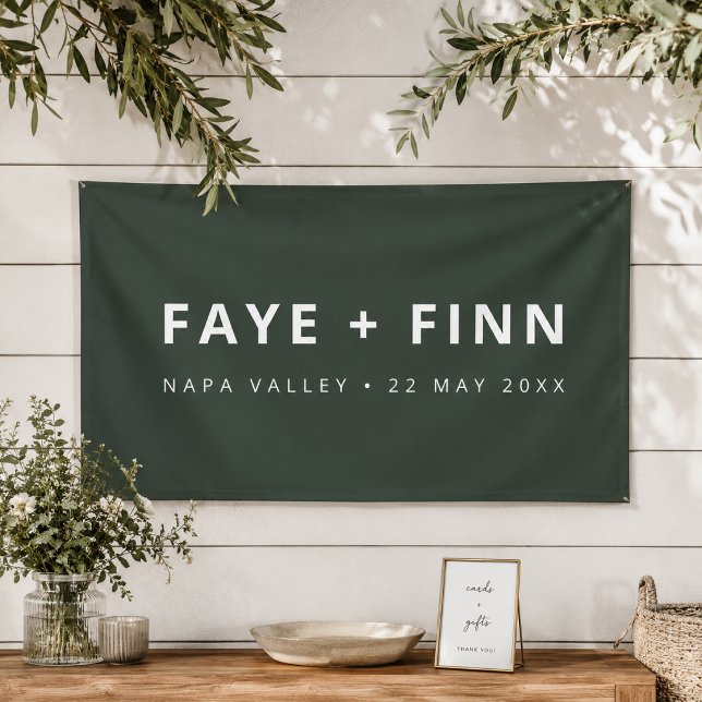 Modernes Skandal | Forest Green Minimal Wedding Banner (Custom Scandi wedding vinyl banner with names, location, and date for indoor or outdoor decor.)