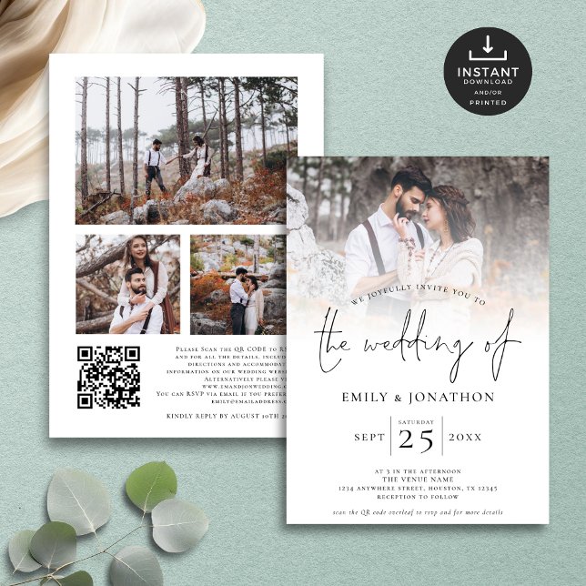 Modernes Skript 4 Fotos Overlay QR Code Hochzeit Einladung (Front and back view)