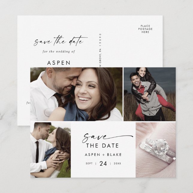 Modernes Skript 4 Fotovorlage Save the Date Einladungspostkarte (Vorne/Hinten)