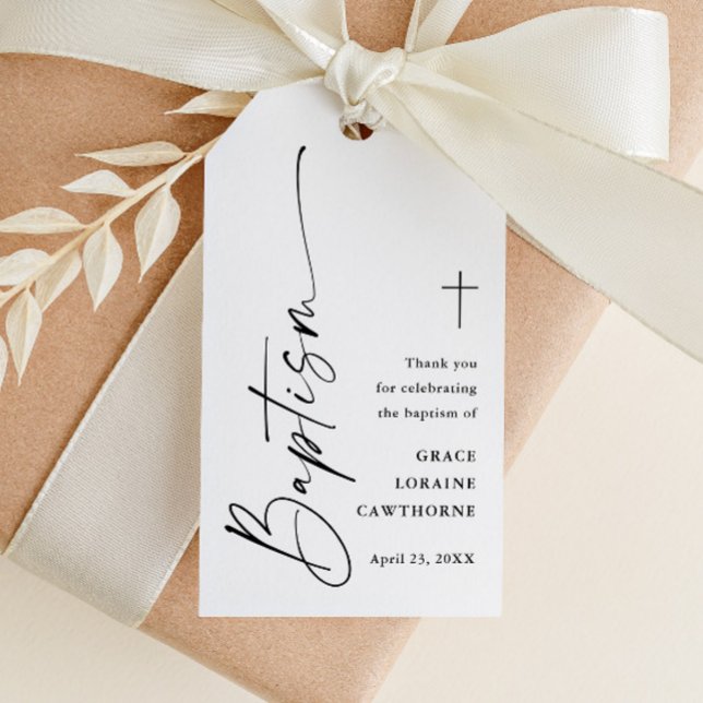 Modernes Skript Einfache Taufe Vielen Dank für Ihr Geschenkanhänger (Modern script black and white baptism favor tags.)