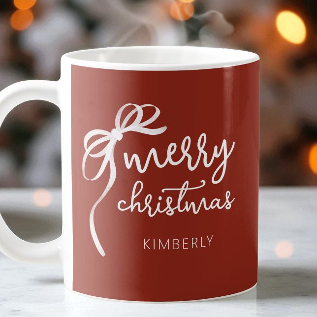 Modernes Skript Elegant Bow Red Frohe Weihnachten Kaffeetasse (Modern Script Elegant Bow Red Merry Christmas Coffee Mug)