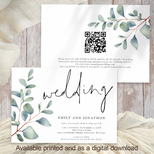Modernes Skript Eukalyptus QR Code Hochzeit Einladung (Front and back view)