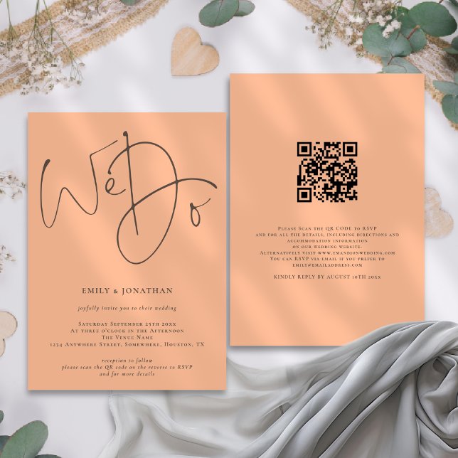 Modernes Skript machen wir QR Code Peach Hochzeit Einladung (Front and back view. Available digitally and printed)