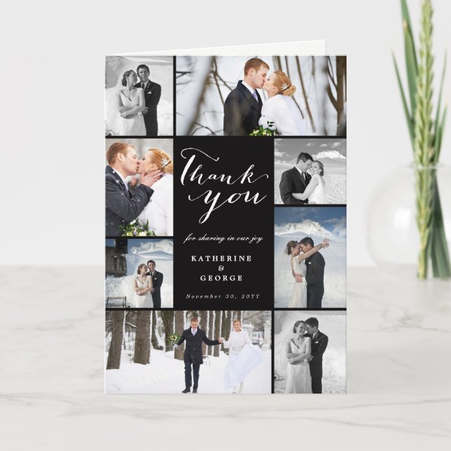 Modernes Skript mit 8-Foto-Hochzeitssammlung-Desig Dankeskarte (Vorderseite)