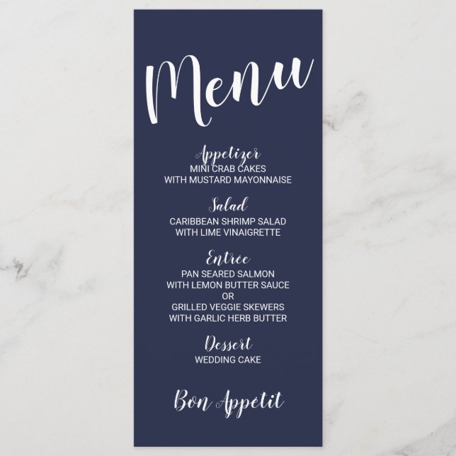 Modernes Skript Nautical Navy Blue Wedding Menu Menükarte (Vorderseite)