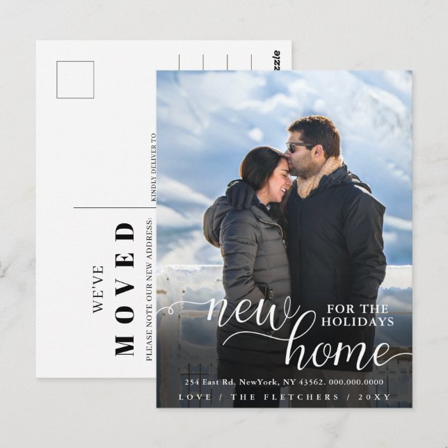 Modernes Skript Neue Zuhause für Holidays Foto Mov Postkarte (Vorne/Hinten)