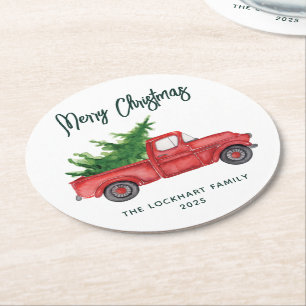Modernes Skript Weihnachten Red Truck Holiday Cust Runder Pappuntersetzer