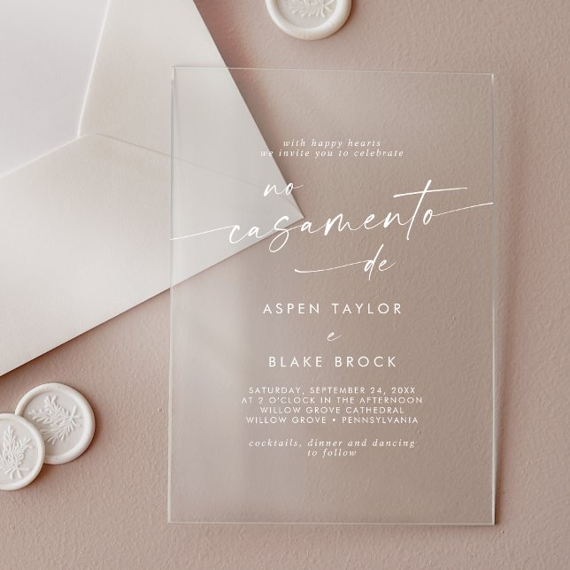 Modernes Skript Weißes Portugiesische Hochzeit Acryleinladungen (Modern Script White Portuguese Wedding Acrylic Invitations)