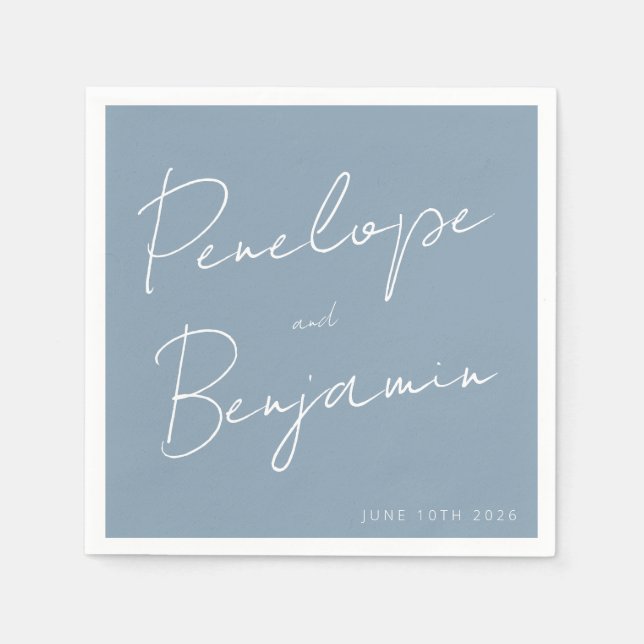 Modernes Skripthandwriting Dusty Blue Wedding Serviette (Vorderseite)