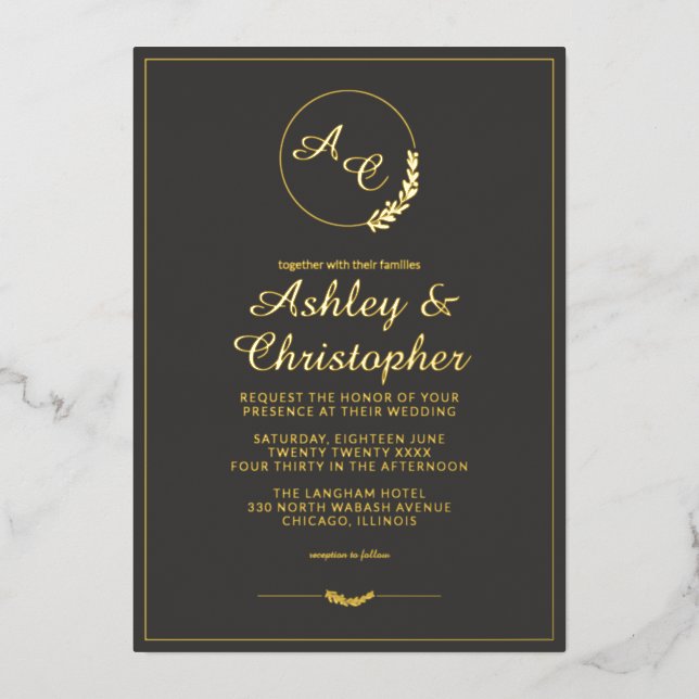 Modernes Slate Gray Monogram Foto Wedding Gold Folieneinladung (Vorderseite)