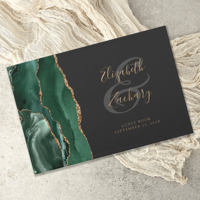 Modernes Smarald Green Agate Gold Script dunkel Gästebuch (Von Creator hochgeladen)