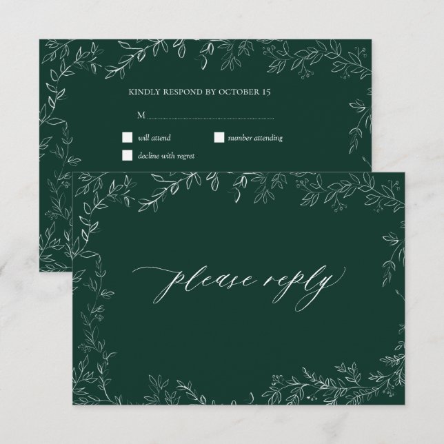 Modernes Smarald Green Elegant Leaf Wedding RSVP (Vorne/Hinten)