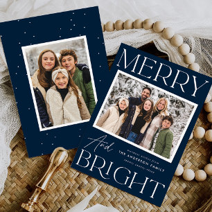 Modernes Snapshot Navy Merry and Bright 2 Foto Feiertagskarte