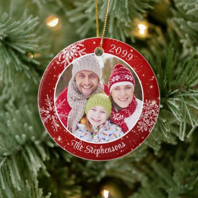 Modernes Snowflake Foto Red White Personalisiert Keramik Ornament (Baum)