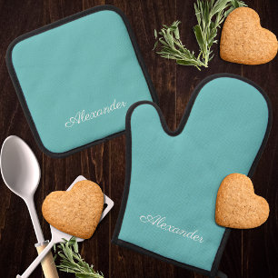 Modernes Solid Aqua Aquamarin Blue Template Weiße  Ofenhandschuh & Topflappen-Set