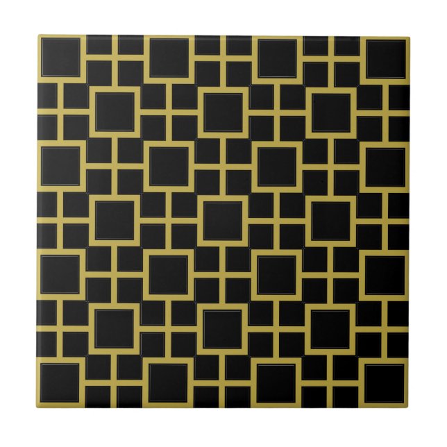 Modernes Square Pattern Gold auf schwarz Fliese (Vorderseite)