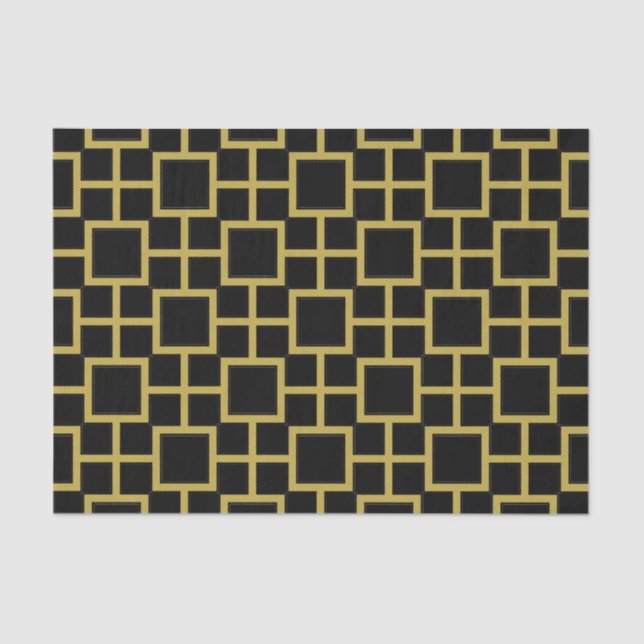 Modernes Square Pattern Gold auf schwarz Seidenpapier (Vorderseite)