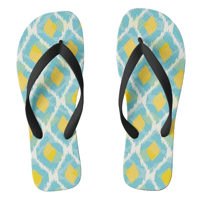 Modernes Stammes- ikat blaue gelbe Mode Flip Flops (Fußbett)
