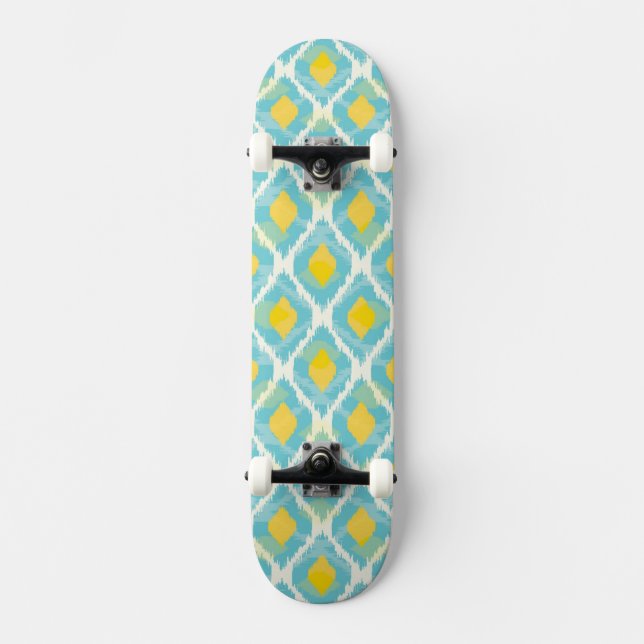 Modernes Stammes- ikat blaue gelbe Mode Skateboard (Vorderseite)