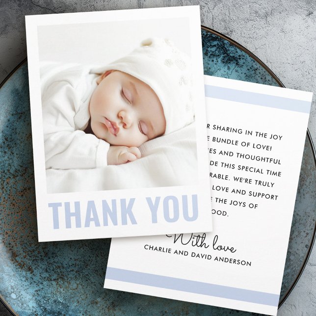 Modernes staubblaues Baby-Taufen-Foto Dankeskarte (Modern dusty blue white new baby baptism photo thank you card)