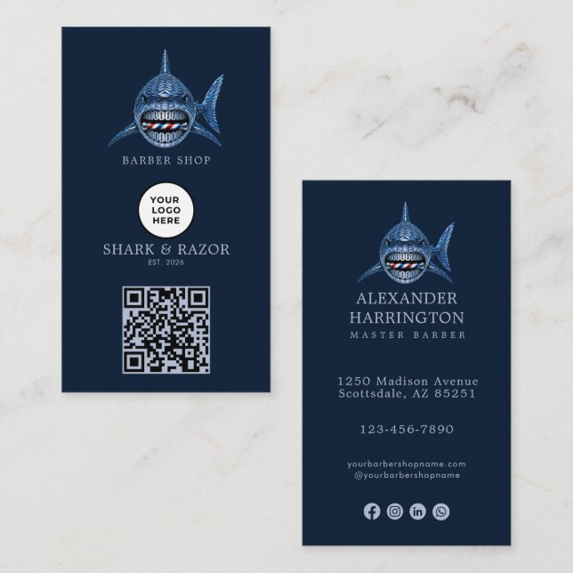 Modernes Steel Shark Friseurstudio-Logo Qr Code Visitenkarte (Vorne/Hinten)