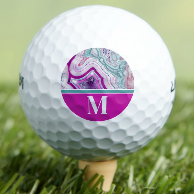 Modernes, stilvolles Anfangsmonogramm Golfball (Modern Turquoise Magenta Stone Initial Monogram Golf Balls)