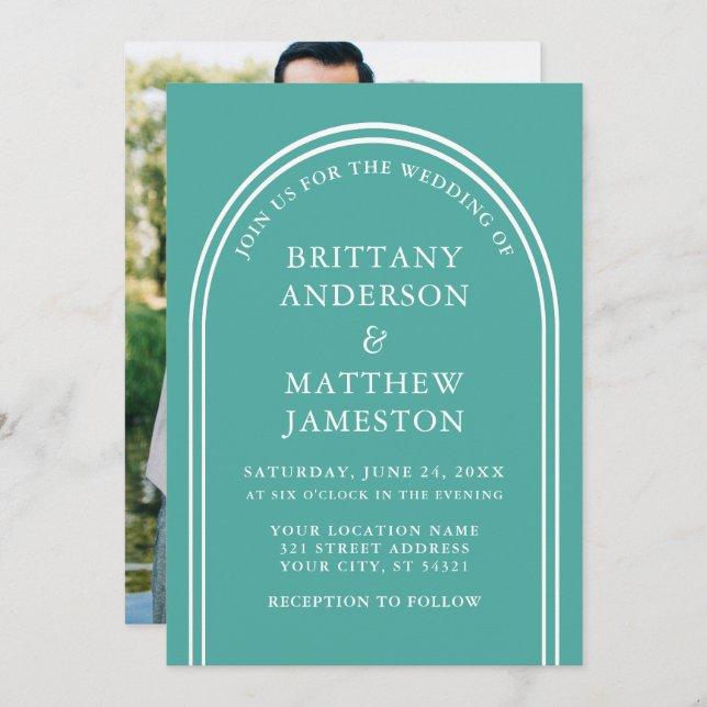 Modernes, stilvolles Arch Wedding Aquamarines Foto Einladung (Vorne/Hinten)