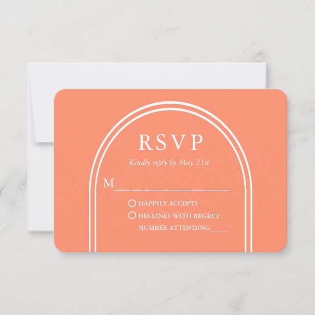 Modernes, stilvolles Arch Wedding Coral RSVP Karte (Vorderseite)