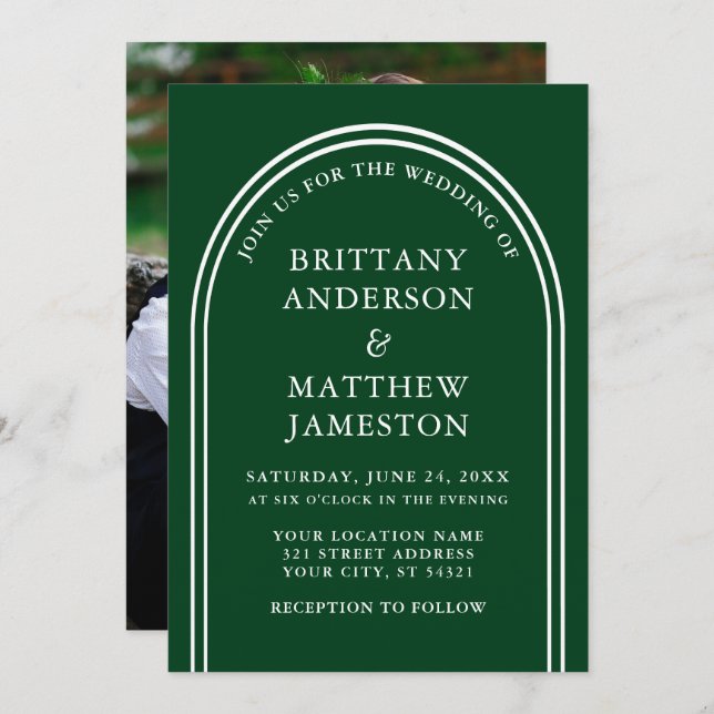 Modernes, stilvolles Arch Wedding Green Foto Einladung (Vorne/Hinten)