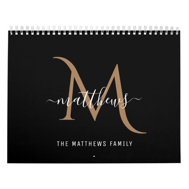 Modernes, stilvolles Black Gold Foto Monogram Kalender (Titelbild)