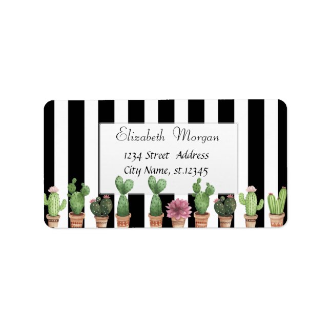 Modernes, stilvolles Cactus Black Stripe Adressaufkleber (Vorne)